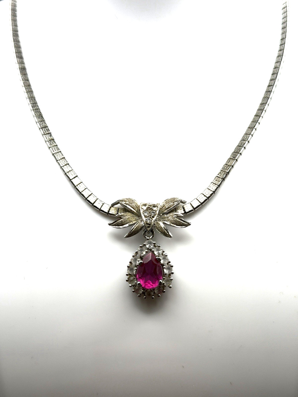 Vintage 835 Silver Art Deco Pink Stone Pendant Necklace 18" Long